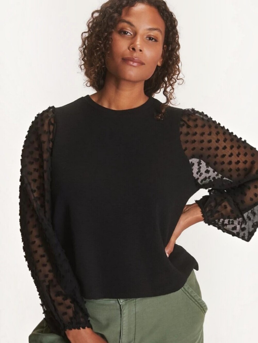 Maeve by Anthropologie Black Textured Swiss Dot Sheer Sleeve Top, S, Chic